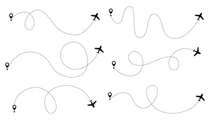 Airplane dotted route line set. Path travel line shapes. Flight route with start point and dash line trace for plane isolated illustration - obrazy, fototapety, plakaty