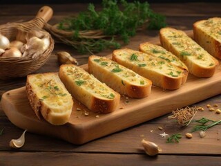 Golden garlic bread garnished with herbs on a rustic wooden board.