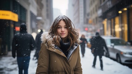 Fototapeta premium A woman with snow in her hair and a fur-trimmed coat smiles on a bustling city street, with blurred passersby and vehicles in the background.