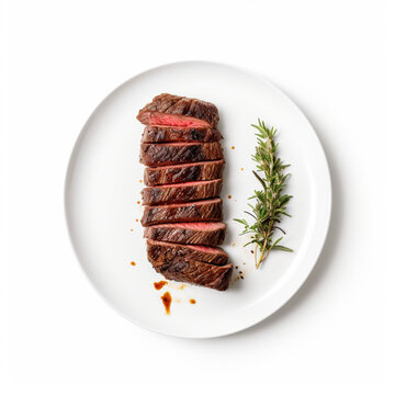grilled beef steak on plate on white background