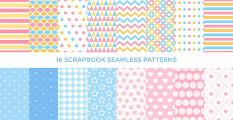 Baby textile seamless pattern collection. Set of geomteric sweet, stripe background. Wallpaper cover, scrappbooking paper or fabric cloth. Bright colorful childish geometry shapes