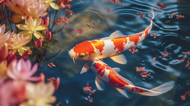 Depict serene koi fish gliding gracefully in a tranqu.Generative AI