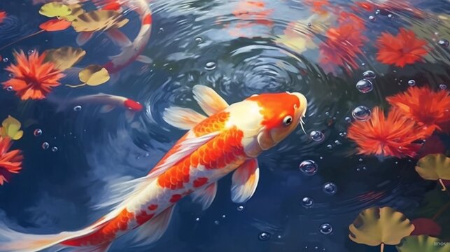 Depict serene koi fish gliding gracefully in a tranqu.Generative AI