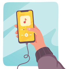 Music media player app on mobile phone in hand. Music, radio multimedia application on smartphone cell screen sticker. Person hand holding cellphone, audio interface flat vector illustration 