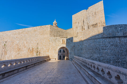 The Ploče Gate, a second major entrance to the city with statue of Saint Blaise, the patron saint of Dubrovnik. Dubrovnik is a historic city in Croatia region of Dalmatia. UNESCO World Heritage Site