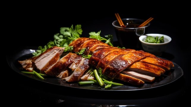 
 crispy traditional chinese peking duck on black  glass surface  table