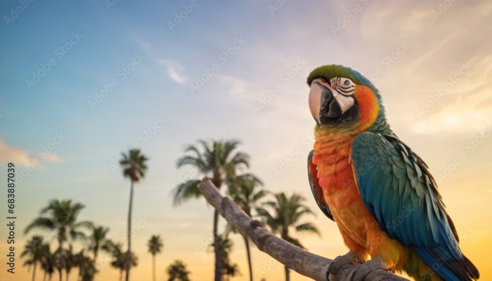 Aufkleber a colorful parrot perched on a tree branch with palm trees in the background and a blue sky in the b