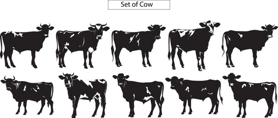 farm animals collection vector, set of cows silhouettes