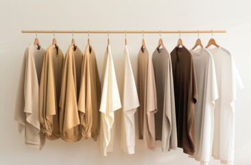 beige, gold, taupe and black clothing hangs on a wall