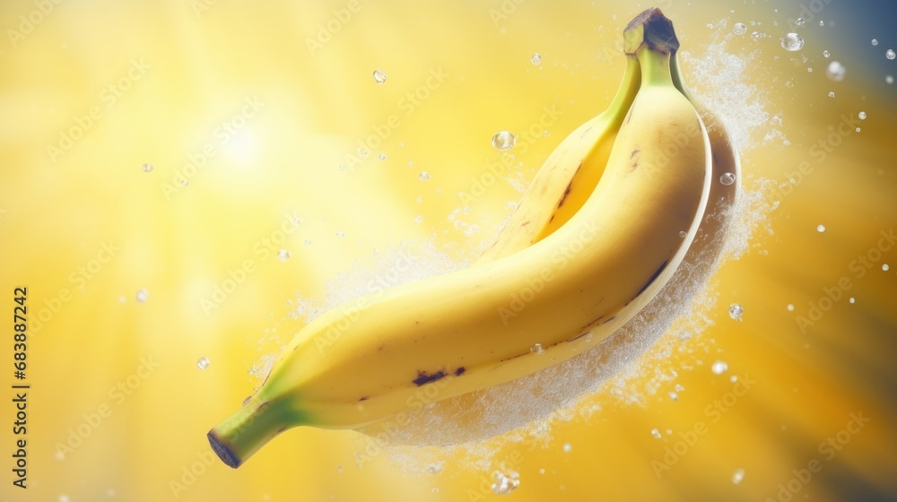 Poster a ripe banana floating on top of a yellow and blue background with water splashing on the bottom of 