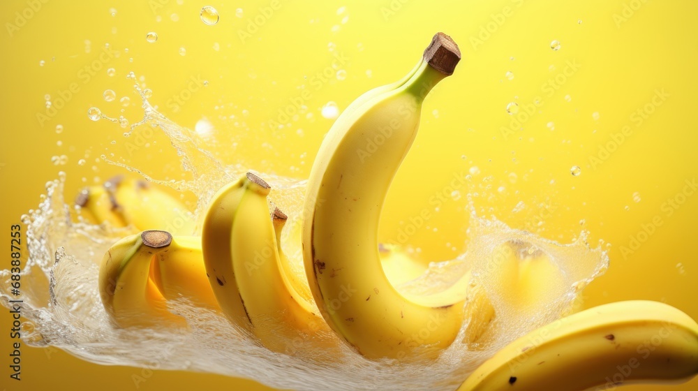 Poster a bunch of bananas splashing into the water on a yellow background with a splash of water on the bot