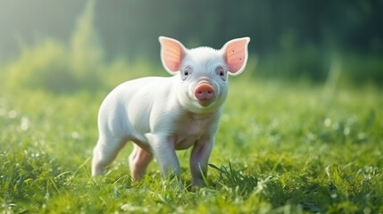 funny young pig is standing on the green grass. Happy piglet on the meadow. generative ai