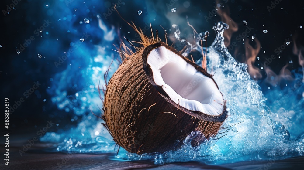 Poster a close up of a coconut with water splashing around it on a dark blue background with a splash of wa