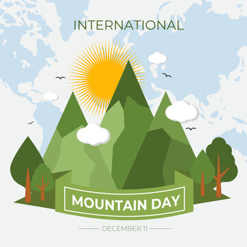 International mountain day background. Green tree nature banner poster concept design. Vector illustration
