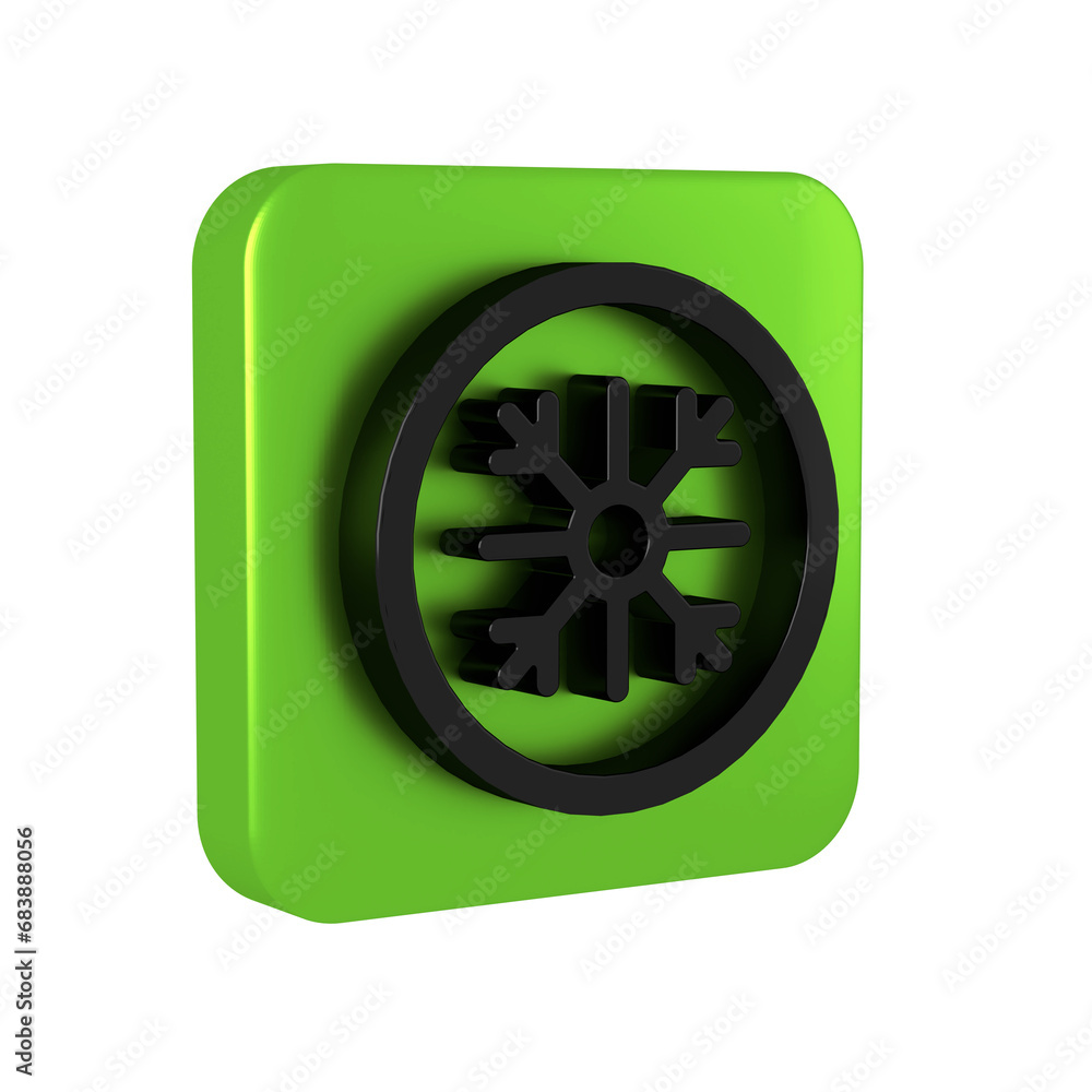 Poster black snowflake icon isolated on transparent background. green square button.