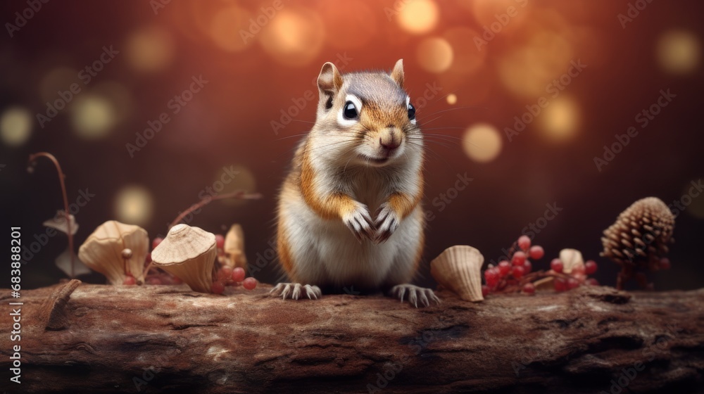 Poster a picture of a squirrel sitting on a log with mushrooms and acorns in front of a blurry background.