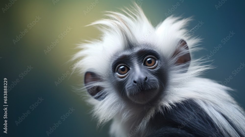Poster a close up of a monkey's face with a blurry background and a blurry background behind it.
