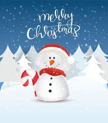 Merry Christmas greeting card design with a cute snowman holding a candy cane. Vector illustration.
