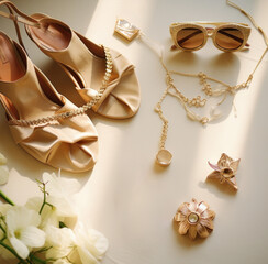 gold slip, gold sandals and gold earrings,