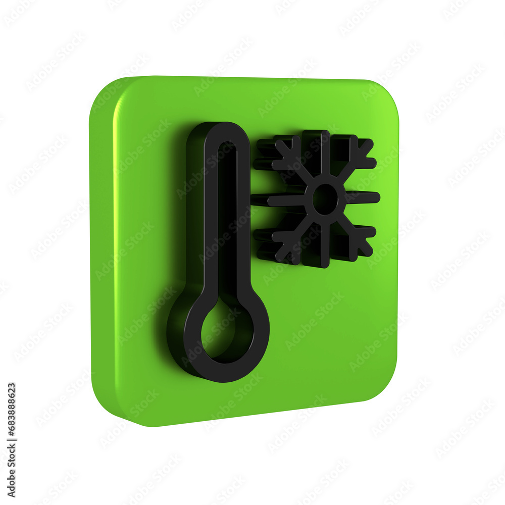 Poster black thermometer with snowflake icon isolated on transparent background. green square button.