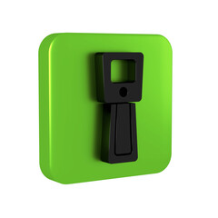 Black Digital contactless thermometer with infrared light icon isolated on transparent background. Green square button.