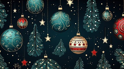 Abstract scrapbooking festive holiday doodle backdrop with diverse christmas ornaments, decorations. Seamless background wallpaper. Great as celebration luxury postcard.