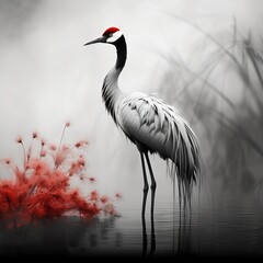 crowned crane in the wild, bird standing alone , white bird with red crown 