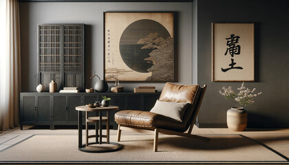  A leather chair near a rustic wooden coffee table against a black cabinet and a decorative stucco poster, depicting Japanese style.