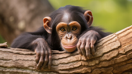 Frontal Portrait of a Young Chimpanzee Relaxing on a Tree Branch. generative ai