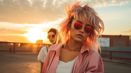Fashion Models on Rooftop Photoshoot Capturing Vibrant Urban Sunset