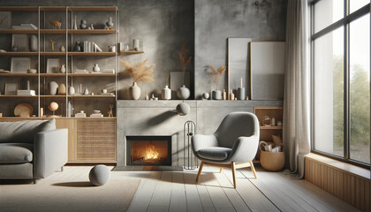 A grey chair by a fireplace against a concrete wall with shelves, illustrating Scandinavian home interior design in a modern living room.