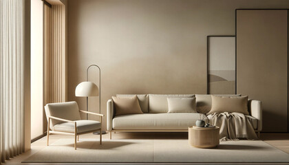  Japandi minimalist style home interior design of a modern living room, featuring a beige sofa and chair against a wall with copy space. 