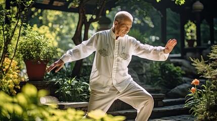Senior Practices Tai Chi in Sunny Garden Surrounded by Greenery