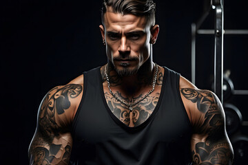 portrait of a man. Man with muscular tattooed body on black background.