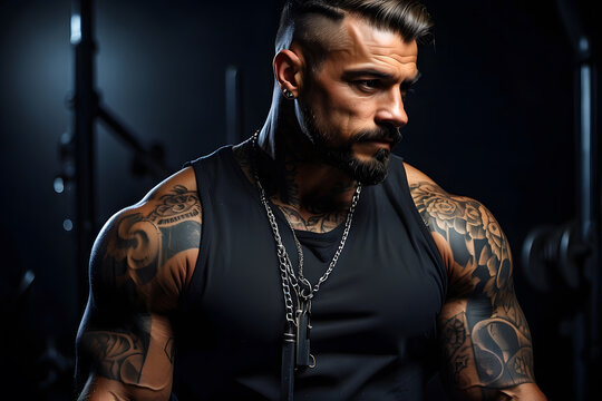 portrait of a man. Man with muscular tattooed body on black background.