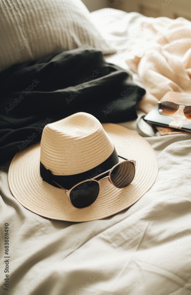 Poster hat and sunglasses laid out on bed,