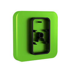 Black Mobile phone and face recognition icon isolated on transparent background. Face identification scanner icon. Facial id. Cyber security. Green square button.