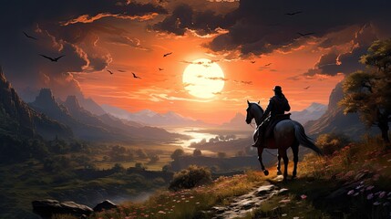 Obraz na płótnie Canvas Equestrian Rider Traverses Countryside Trail at Sunset