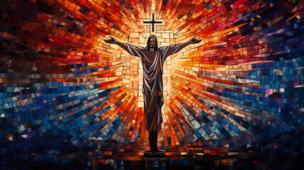 A seamless pattern composed of small, colorful tiles arranged in intricate patterns, creating a mosaic-like effect of a Jesus
