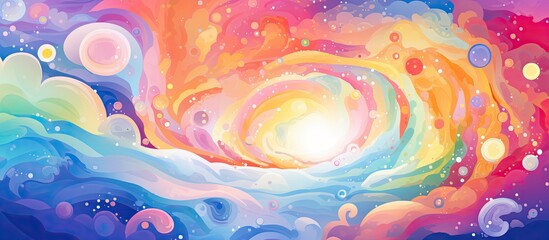 The abstract illustration showcased a cartoon scene of a happy, rainbow-filled world, with colorful colors and vibrant circles filling the psychedelic tunnel, creating a rounded and bright display - obrazy, fototapety, plakaty