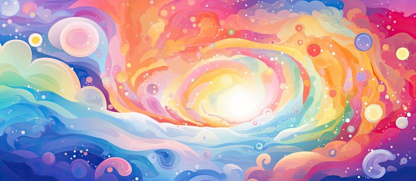 The abstract illustration showcased a cartoon scene of a happy, rainbow-filled world, with colorful colors and vibrant circles filling the psychedelic tunnel, creating a rounded and bright display