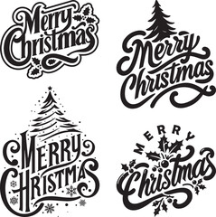 Set of Merry Christmas Font Text Script Vector SVG Bundle with Christmas trees Holly Berry Leaves and Calligraphy fonts art design. 