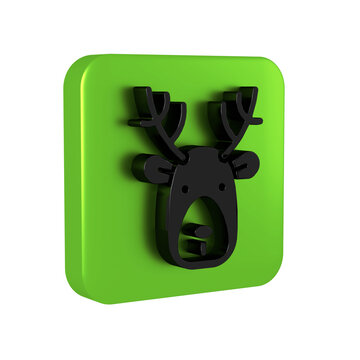 Black Deer head with antlers icon isolated on transparent background. Green square button.
