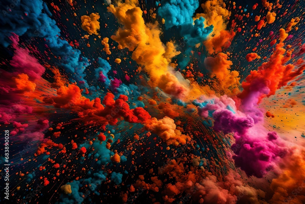 Poster embark on a visual journey through a mesmerizing multicolor powder explosion,