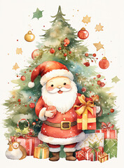 Watercolor christmas card with santa claus and christmas tree