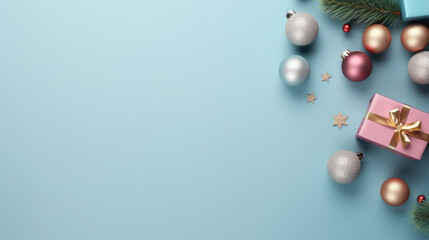 Background with christmas box and balls in the corner