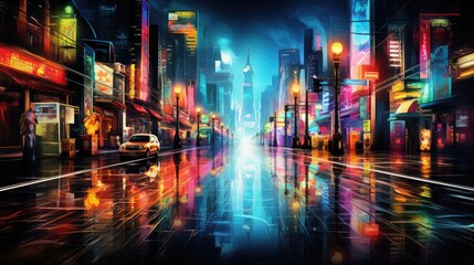 Neon Lights Reflect Off Wet Streets After Rain