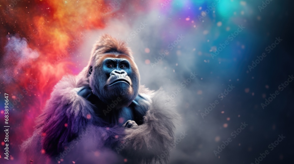 Poster a gorilla standing in front of a multicolored background with clouds of smoke and stars in the foreg