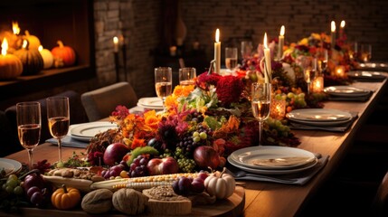 Festive Thanksgiving Table with Cornucopia and Candles