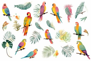 illustrations of parrots, tropical leaves, bananas. Clipart, isolated elements, Generative AI